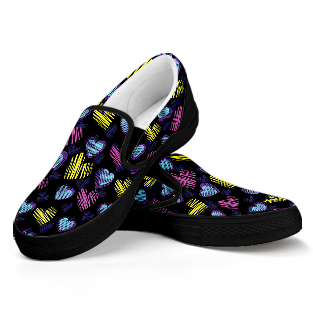 Graffiti Heart Pattern Print Black Slip On Shoes