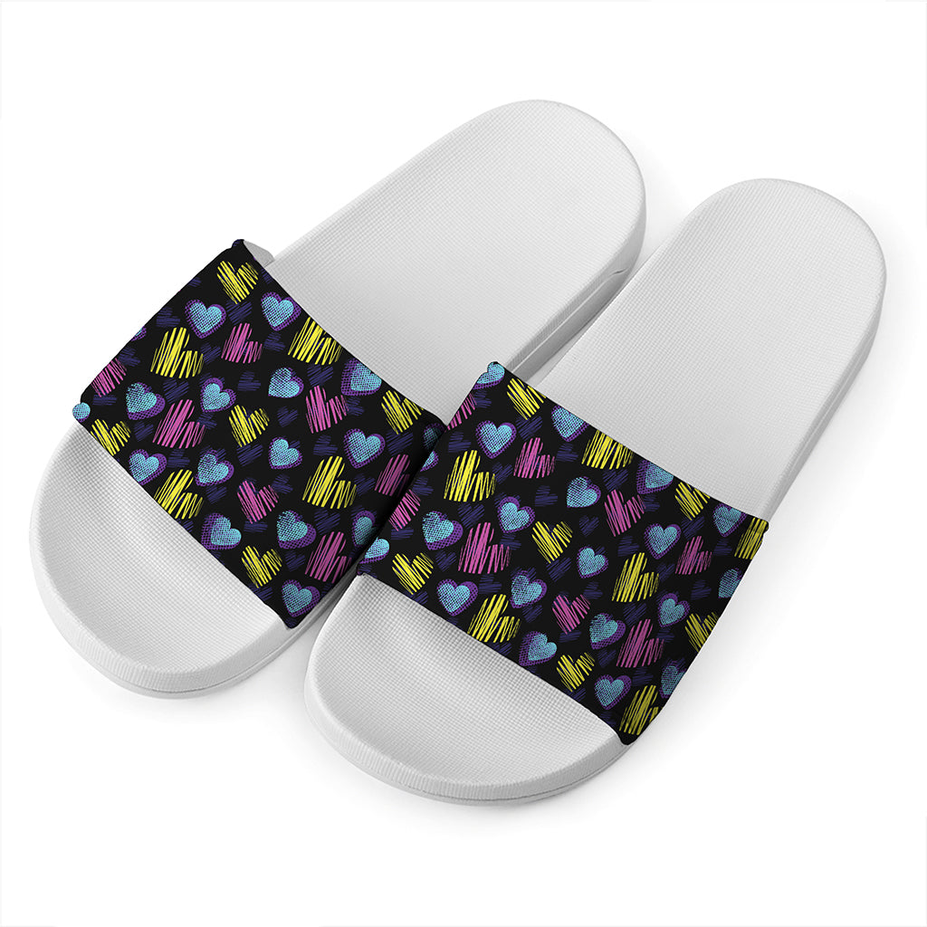 Graffiti Heart Pattern Print White Slide Sandals