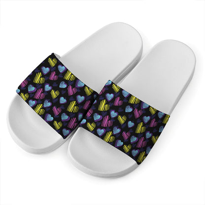 Graffiti Heart Pattern Print White Slide Sandals
