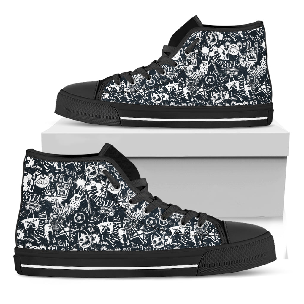 Graffiti Monster Characters Print Black High Top Shoes