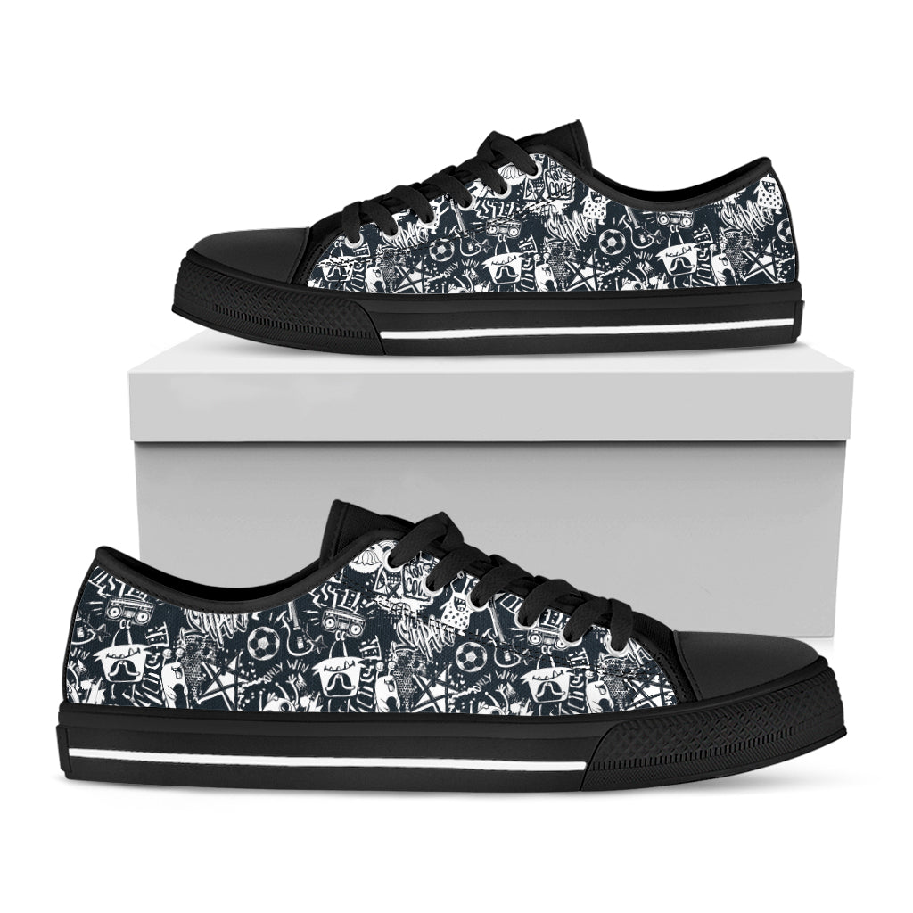 Graffiti Monster Characters Print Black Low Top Shoes