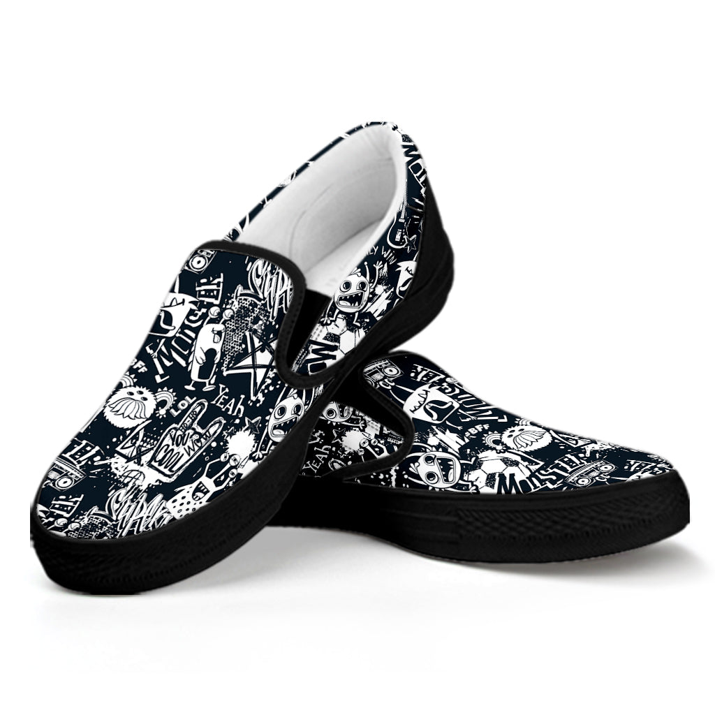 Graffiti Monster Characters Print Black Slip On Shoes