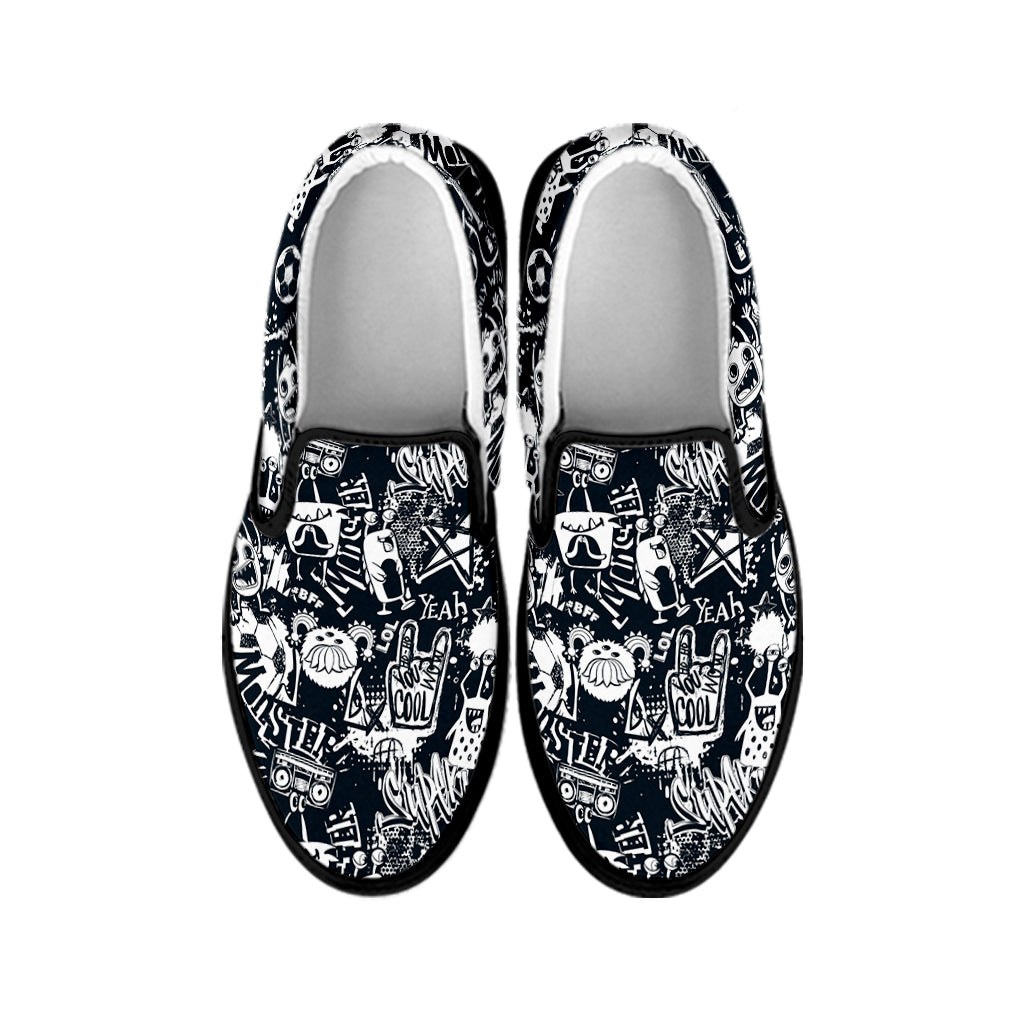 Graffiti Monster Characters Print Black Slip On Shoes