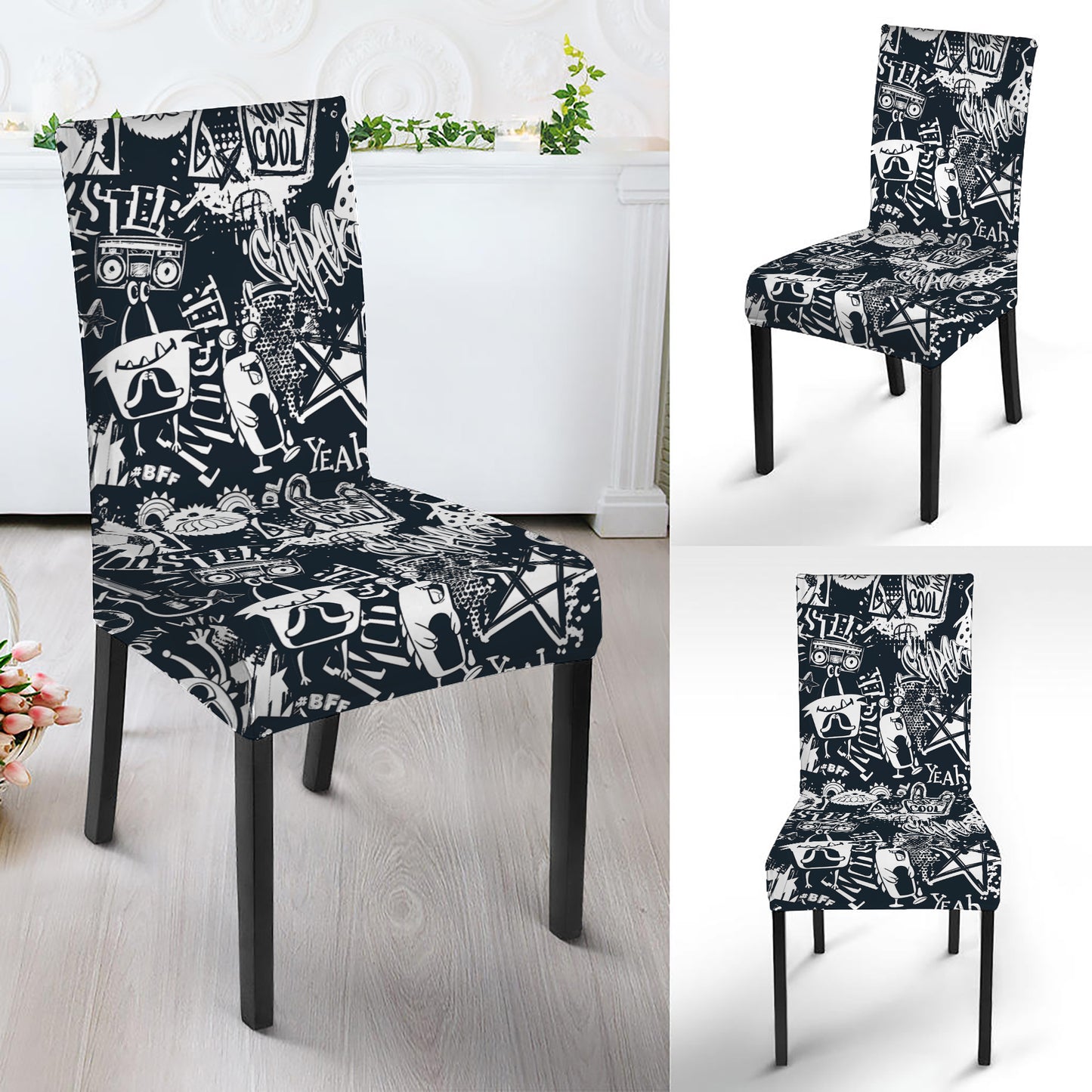 Graffiti Monster Characters Print Dining Chair Slipcover