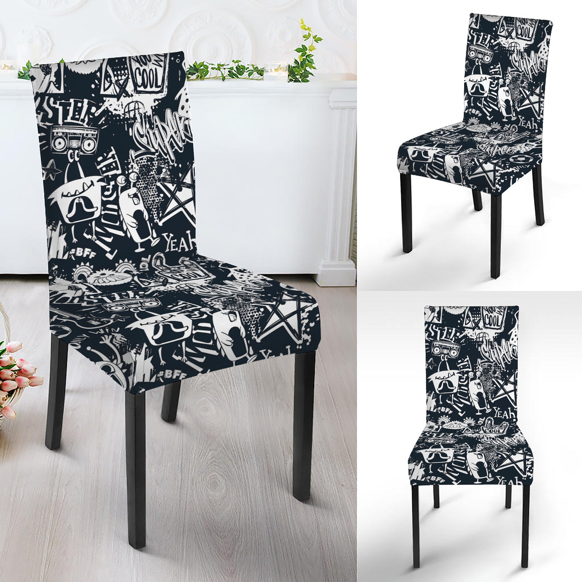 Graffiti Monster Characters Print Dining Chair Slipcover