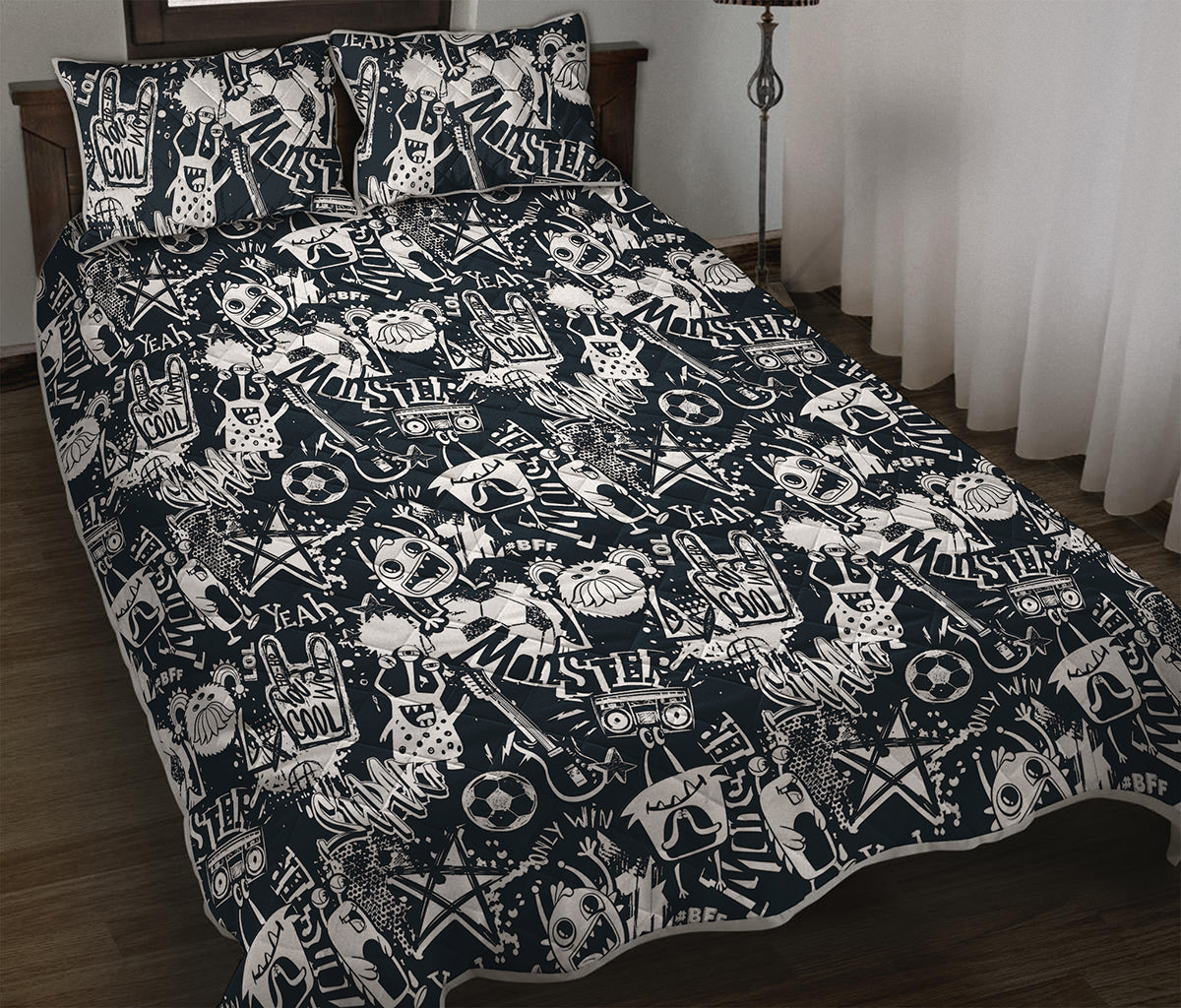 Graffiti Monster Characters Print Quilt Bed Set