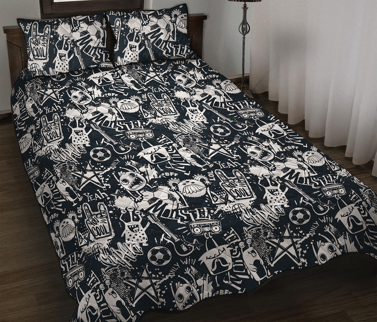 Graffiti Monster Characters Print Quilt Bed Set