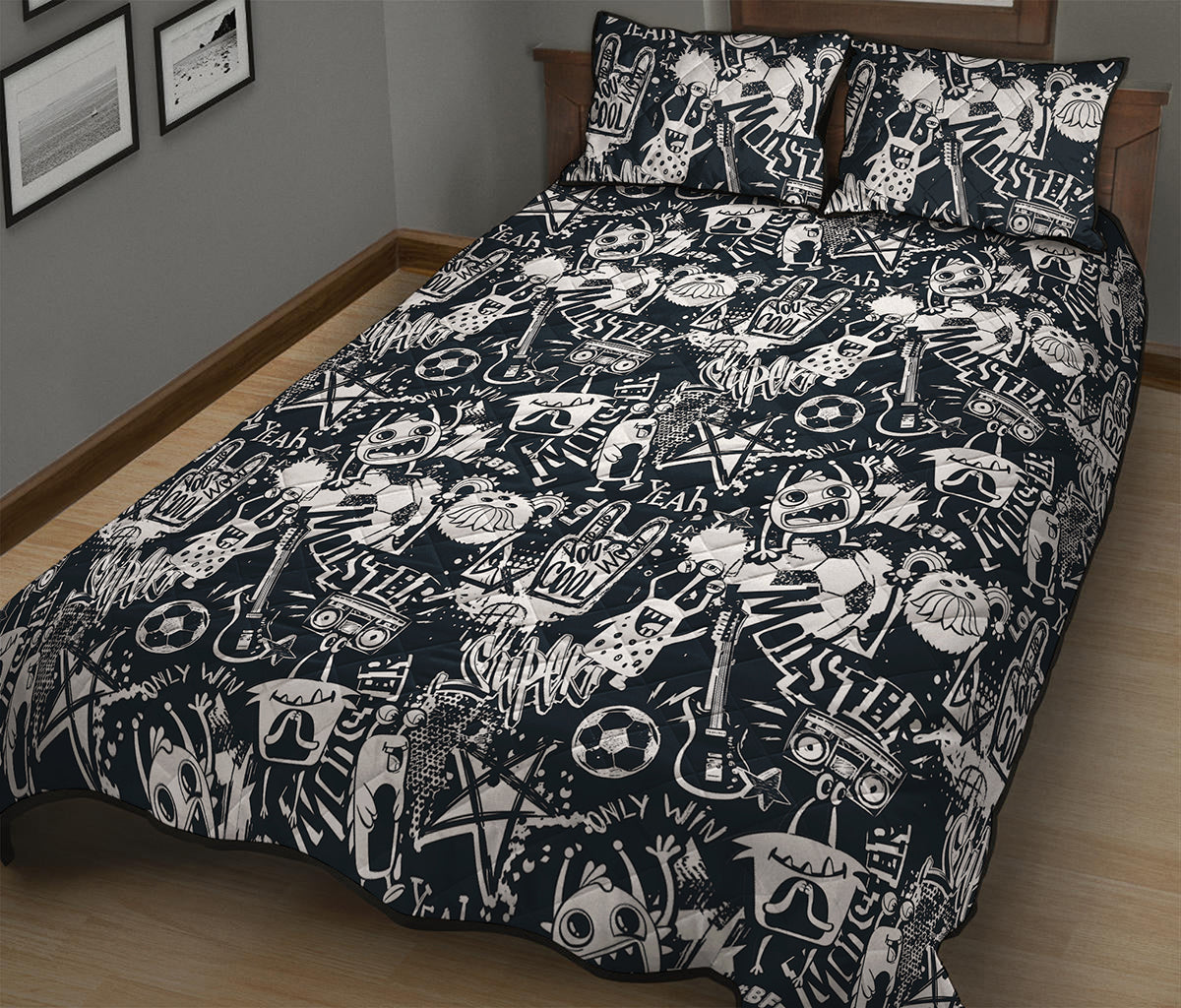 Graffiti Monster Characters Print Quilt Bed Set