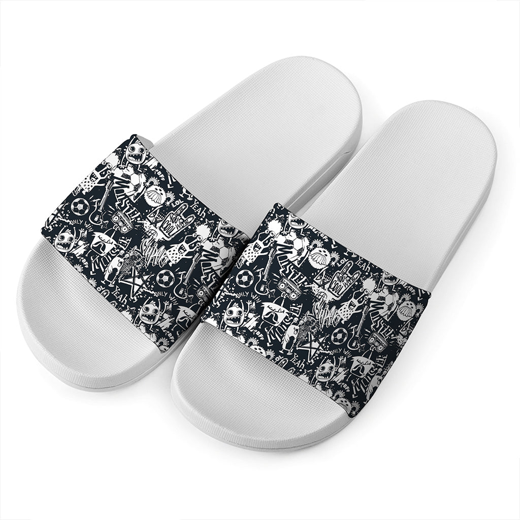 Graffiti Monster Characters Print White Slide Sandals