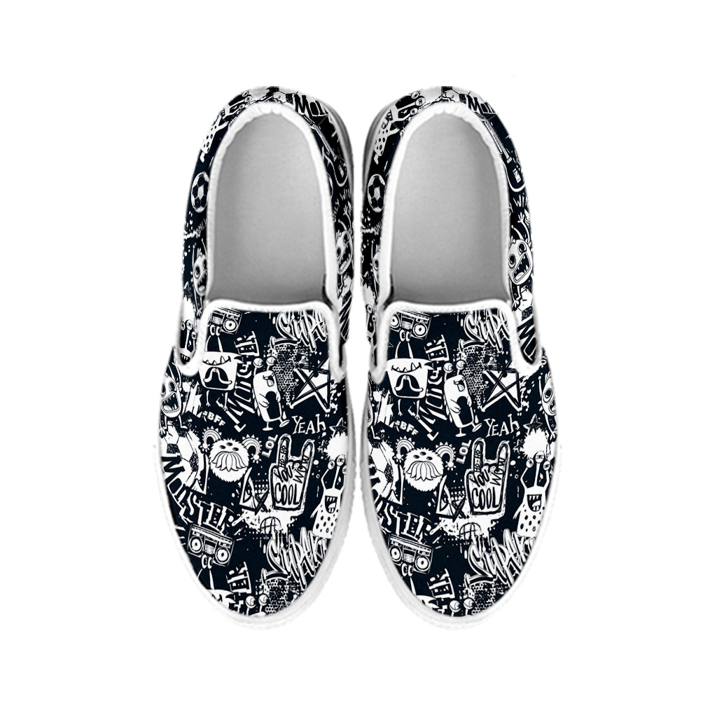Graffiti Monster Characters Print White Slip On Shoes