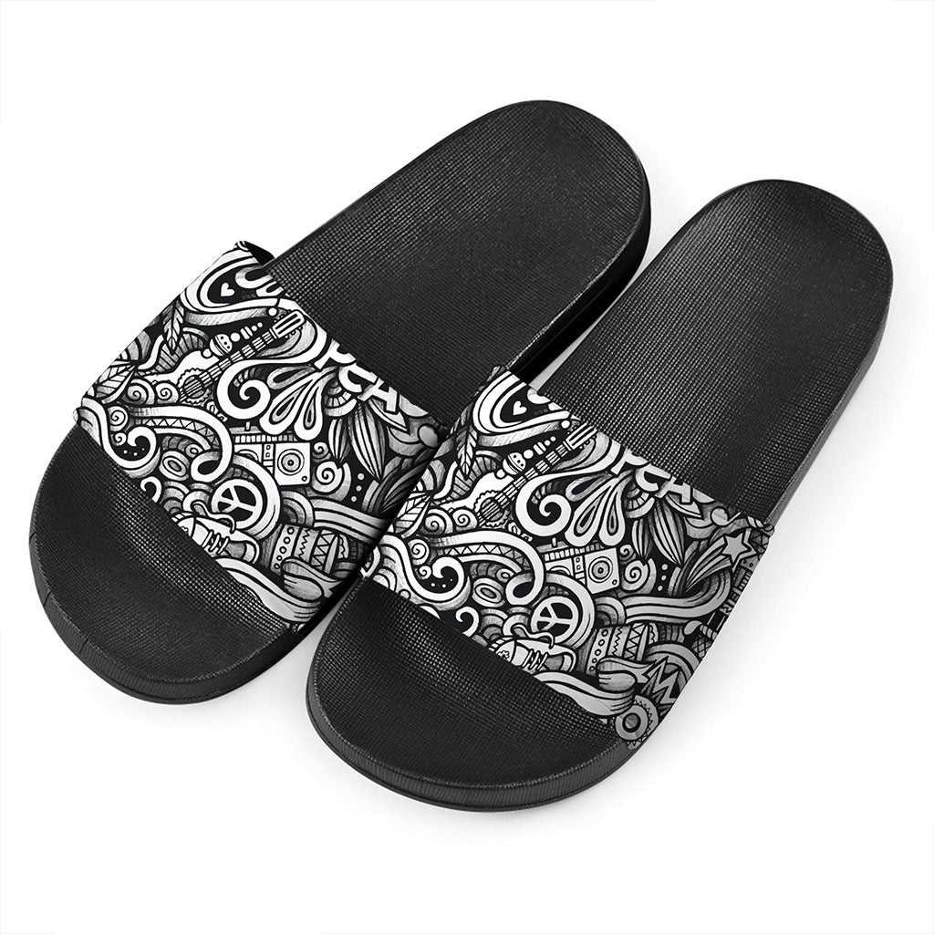Graffiti Surfing Pattern Print Black Slide Sandals