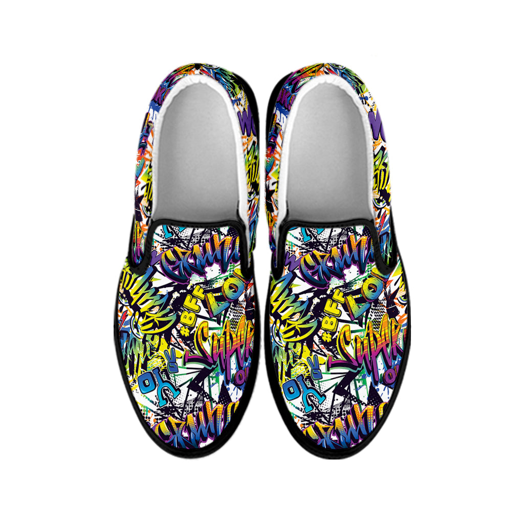 Graffiti Text Pattern Print Black Slip On Shoes