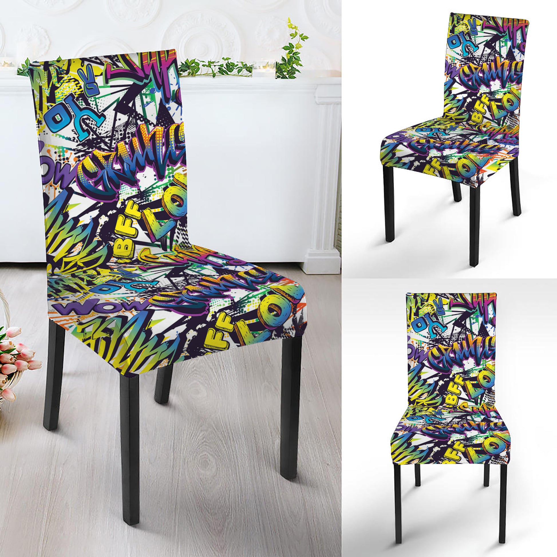 Graffiti Text Pattern Print Dining Chair Slipcover