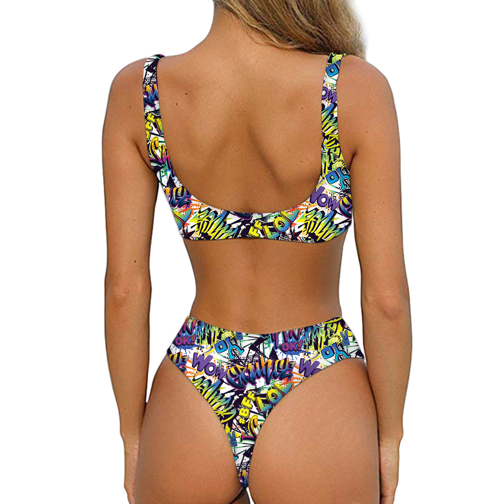 Graffiti Text Pattern Print Front Bow Tie Bikini