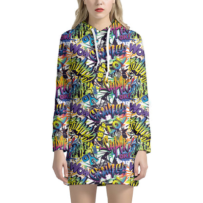 Graffiti Text Pattern Print Hoodie Dress