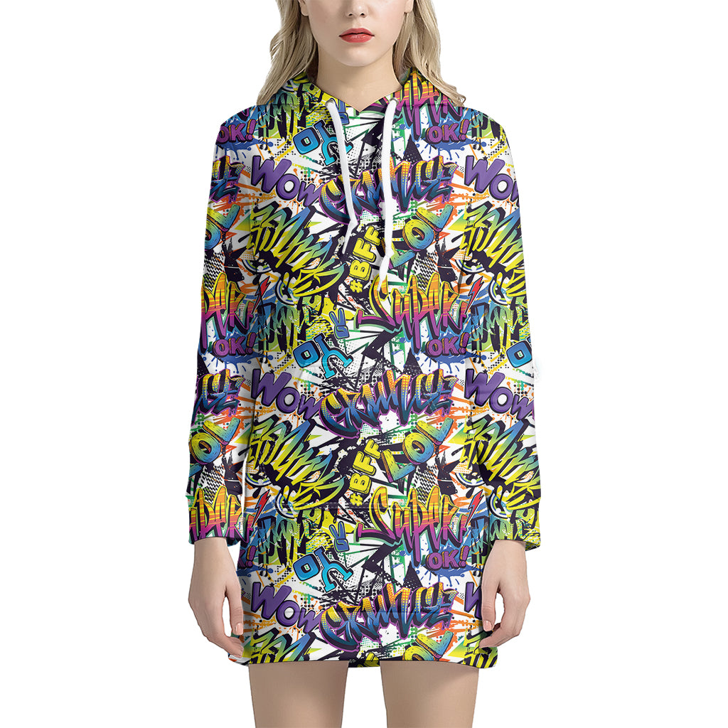 Graffiti Text Pattern Print Hoodie Dress