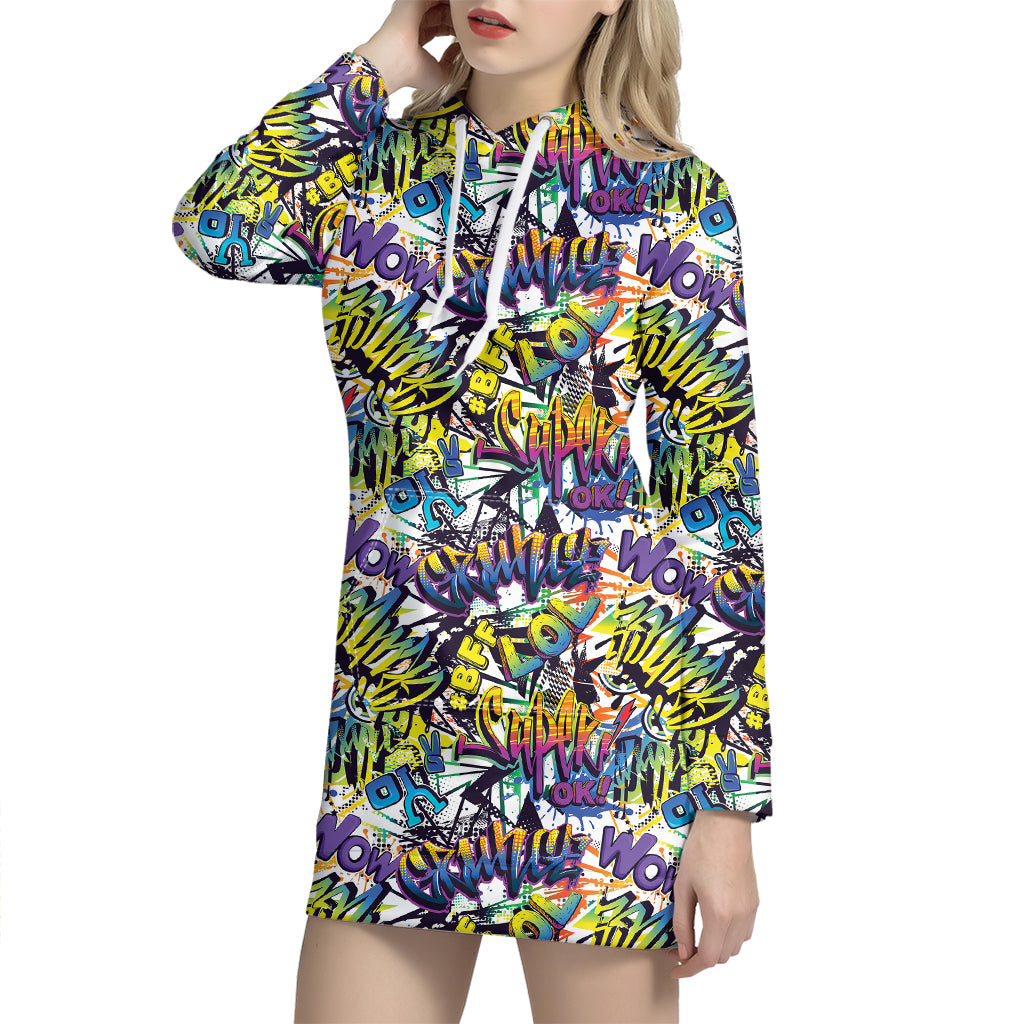 Graffiti Text Pattern Print Hoodie Dress