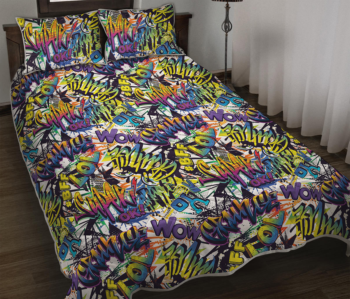 Graffiti Text Pattern Print Quilt Bed Set
