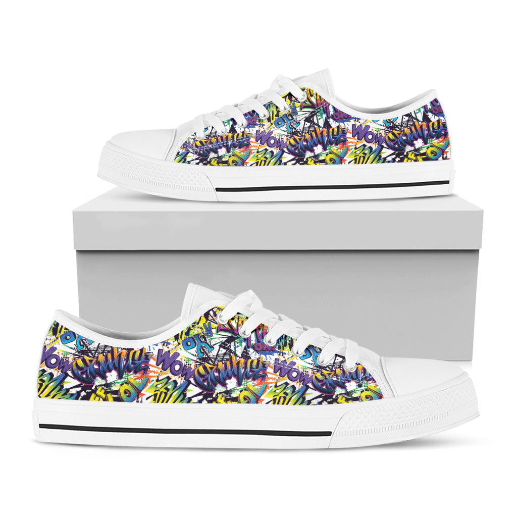 Graffiti Text Pattern Print White Low Top Shoes