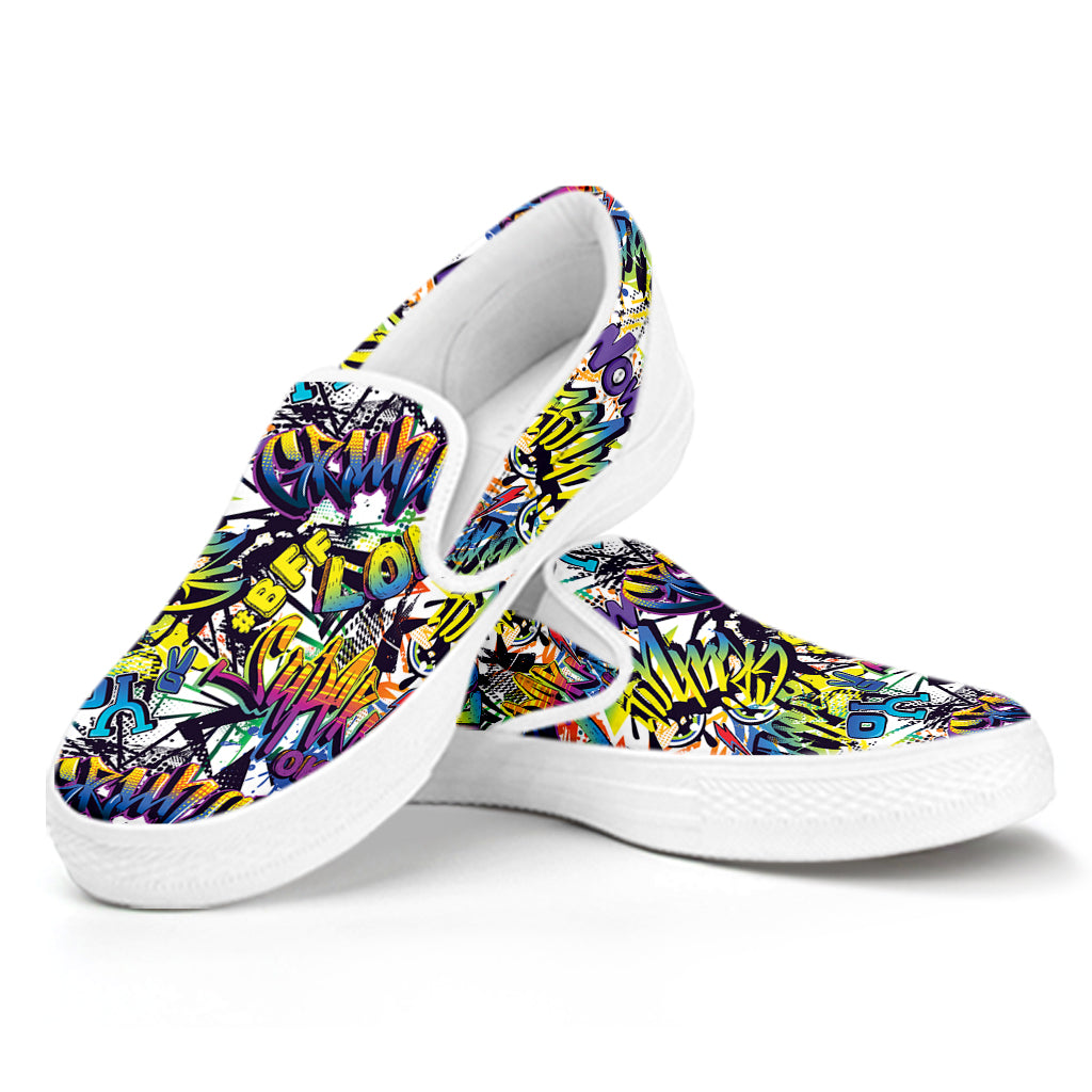 Graffiti Text Pattern Print White Slip On Shoes