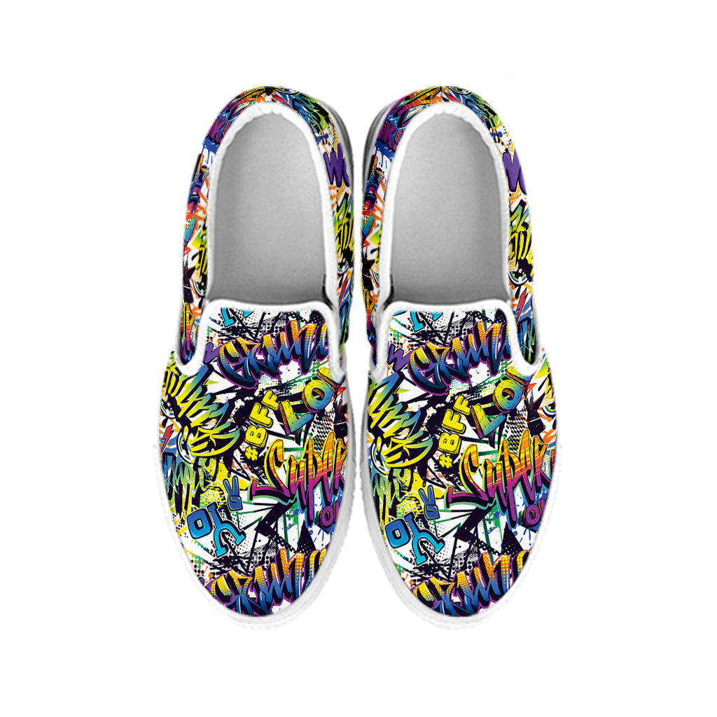 Graffiti Text Pattern Print White Slip On Shoes