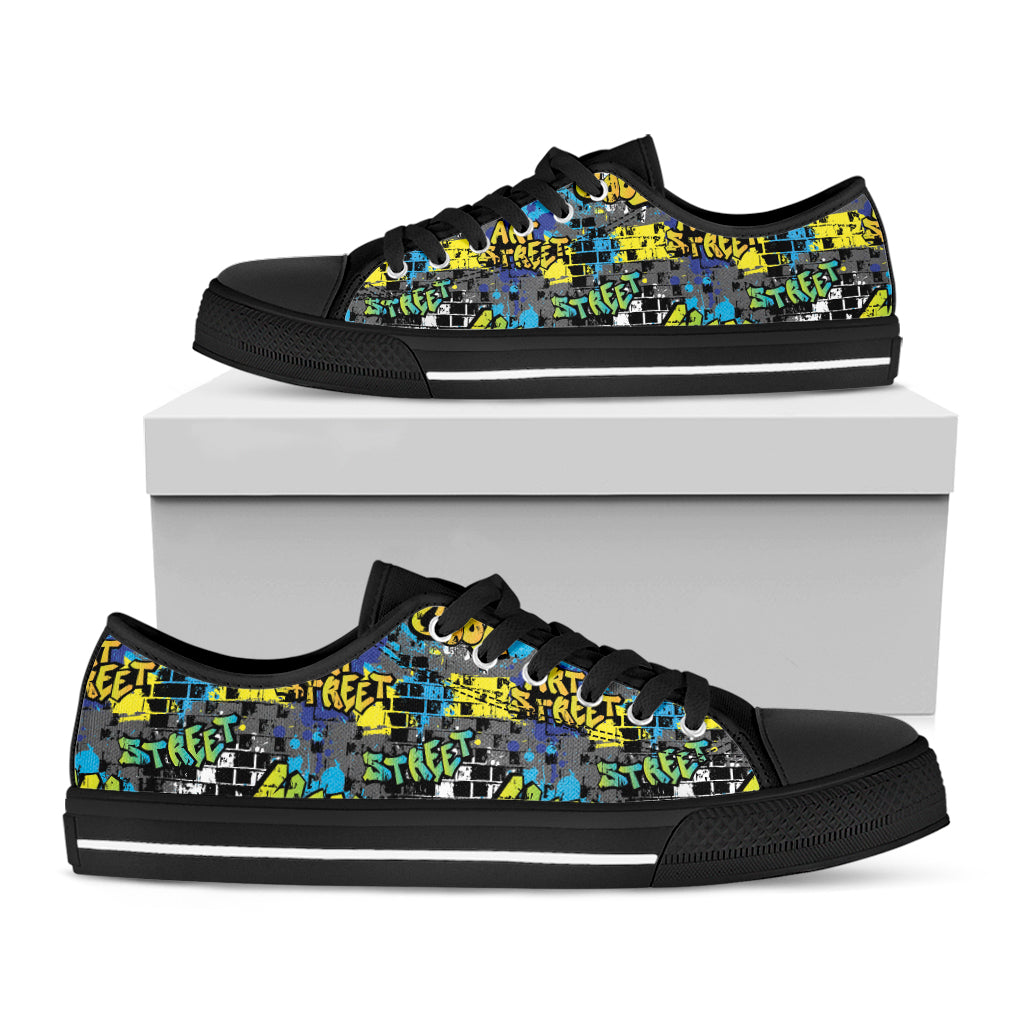 Graffiti Wall Print Black Low Top Shoes