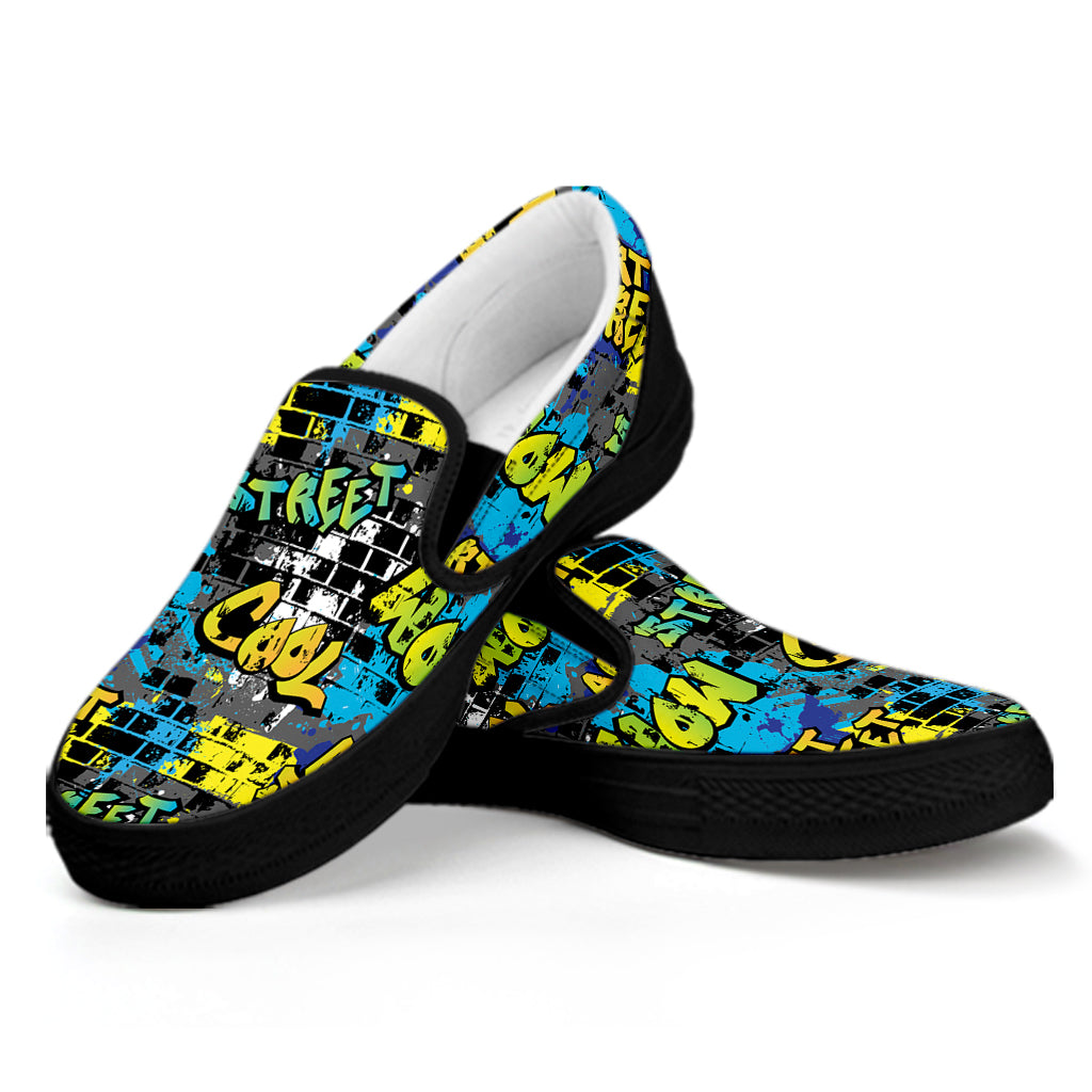Graffiti Wall Print Black Slip On Shoes