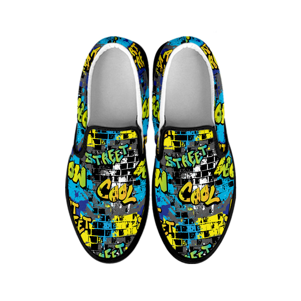 Graffiti Wall Print Black Slip On Shoes