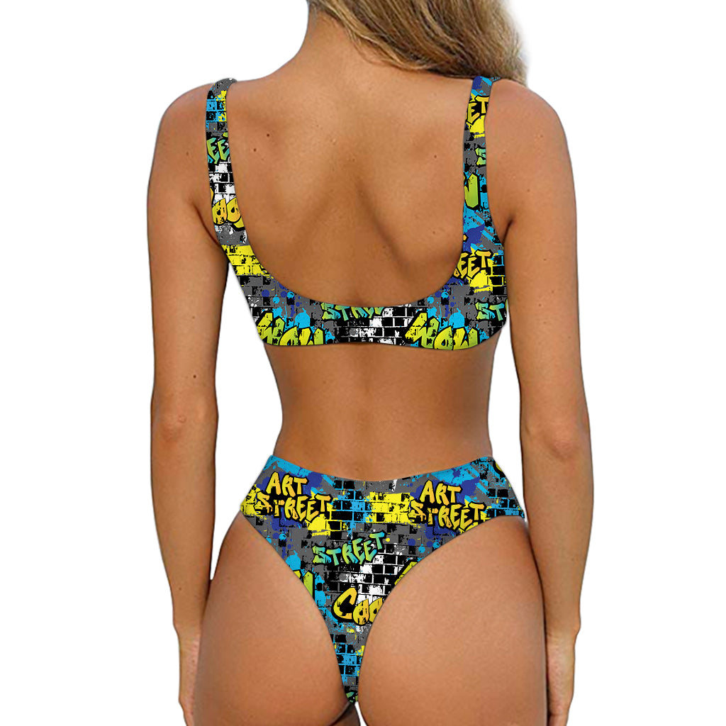 Graffiti Wall Print Front Bow Tie Bikini