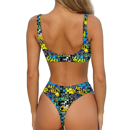 Graffiti Wall Print Front Bow Tie Bikini
