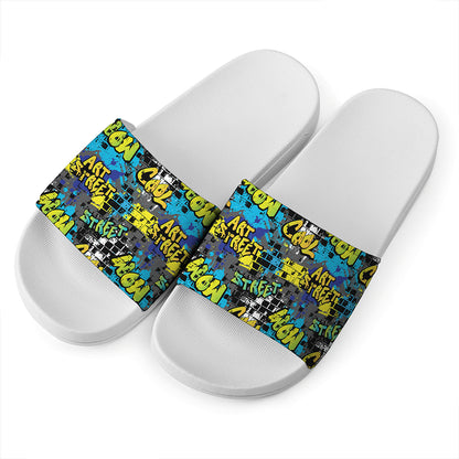 Graffiti Wall Print White Slide Sandals