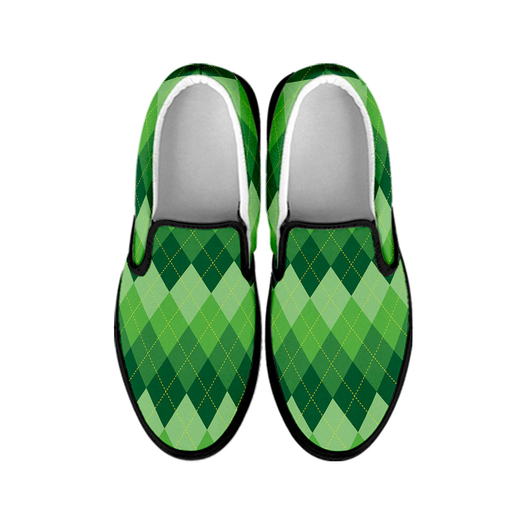 Grass Green Argyle Pattern Print Black Slip On Shoes