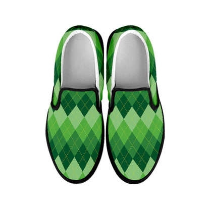 Grass Green Argyle Pattern Print Black Slip On Shoes
