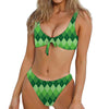 Grass Green Argyle Pattern Print Front Bow Tie Bikini