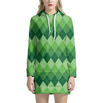 Grass Green Argyle Pattern Print Hoodie Dress
