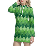Grass Green Argyle Pattern Print Hoodie Dress