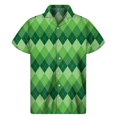 Grass Green Argyle Pattern Print Men's Short Sleeve Shirt