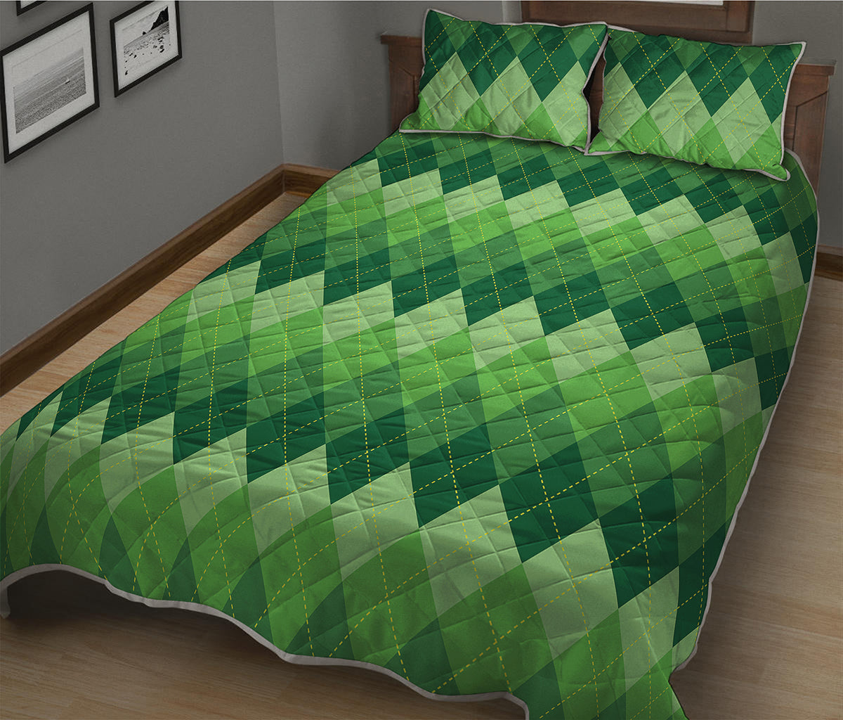Grass Green Argyle Pattern Print Quilt Bed Set