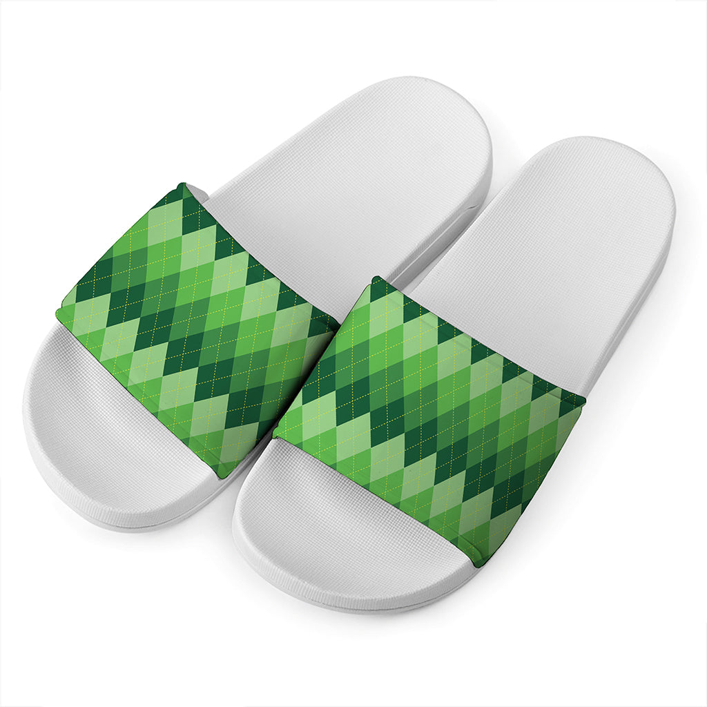 Grass Green Argyle Pattern Print White Slide Sandals