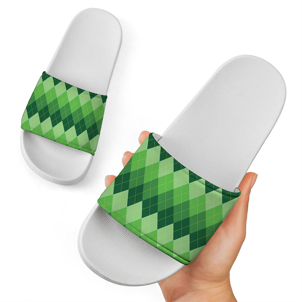 Grass Green Argyle Pattern Print White Slide Sandals