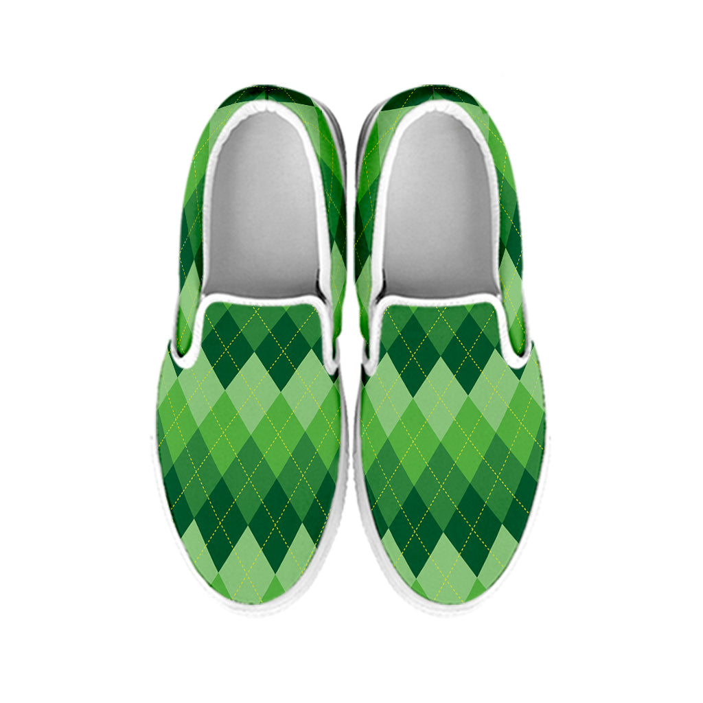Grass Green Argyle Pattern Print White Slip On Shoes