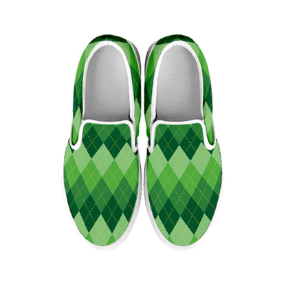 Grass Green Argyle Pattern Print White Slip On Shoes