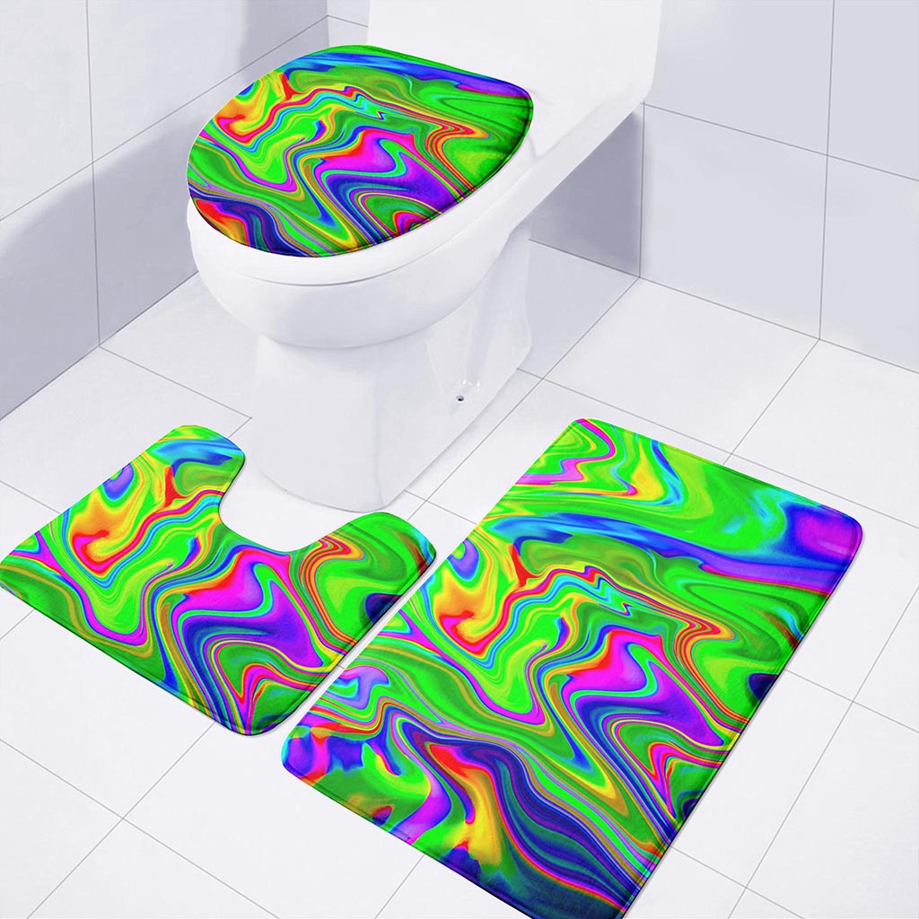Green Abstract Liquid Trippy Print 3 Piece Bath Mat Set