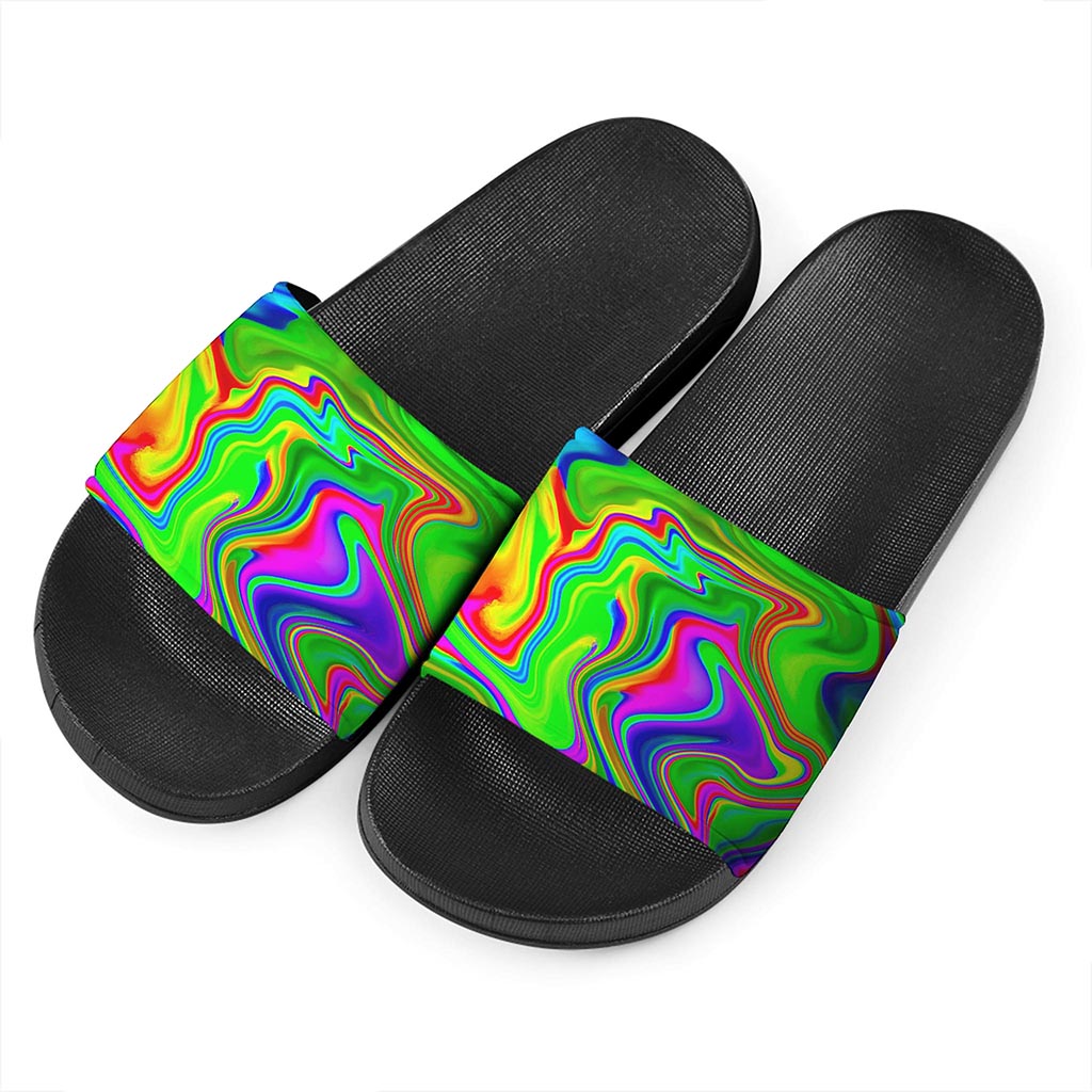 Green Abstract Liquid Trippy Print Black Slide Sandals