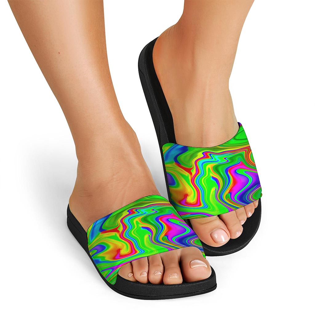 Green Abstract Liquid Trippy Print Black Slide Sandals