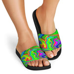 Green Abstract Liquid Trippy Print Black Slide Sandals