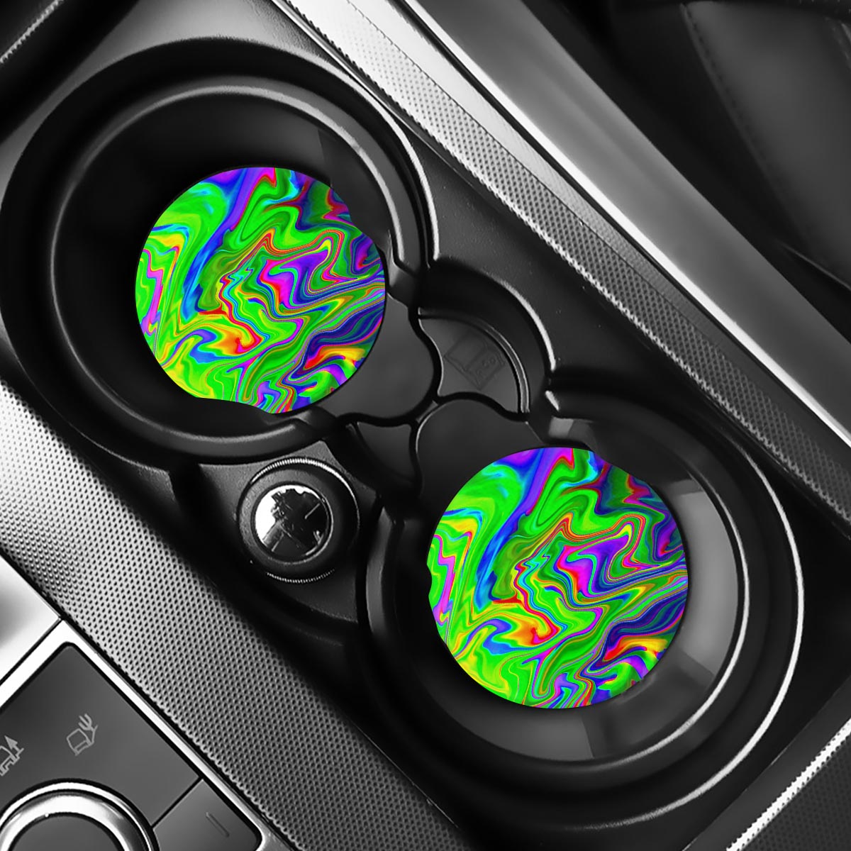 Green Abstract Liquid Trippy Print Car Coasters