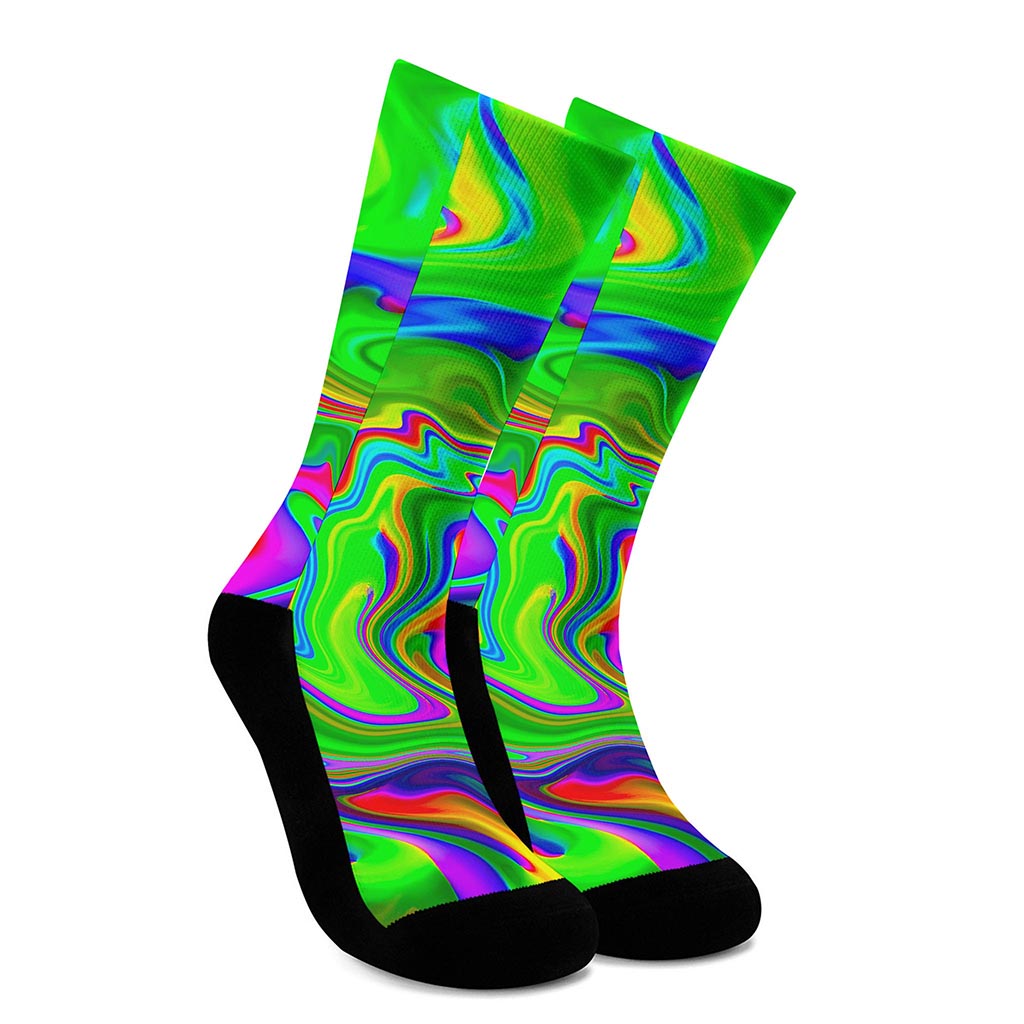 Green Abstract Liquid Trippy Print Crew Socks