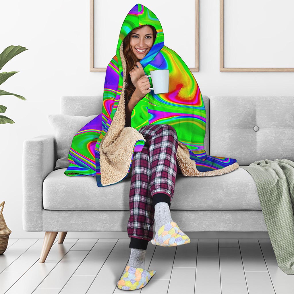 Green Abstract Liquid Trippy Print Hooded Blanket