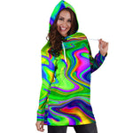 Green Abstract Liquid Trippy Print Hoodie Dress GearFrost